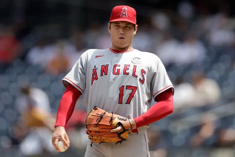 Los Angeles Angels pitcher Shohei Ohtani reacts during the third inning against the New York Yankees on Thursday.