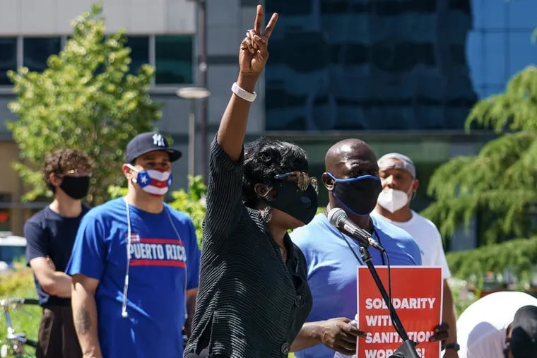 Councilmember Cherelle Parker, 9th District, speaks at a rally and protest to support sanitation workers who are requesting hazard pay and PPE, at LOVE Park, in Philadelphia, June 09, 2020.