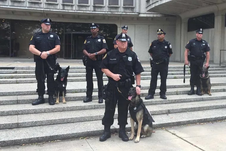 The Philadelphia canine officers, fitted in their new bulletproof vests, stand with their human partners on the steps of police headquarters Wednesday.