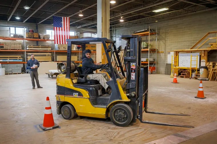 Devon Beale practiced on a forklift at the Carpenters Joint Apprenticeship Training Center of Philadelphia and Vicinity in March.