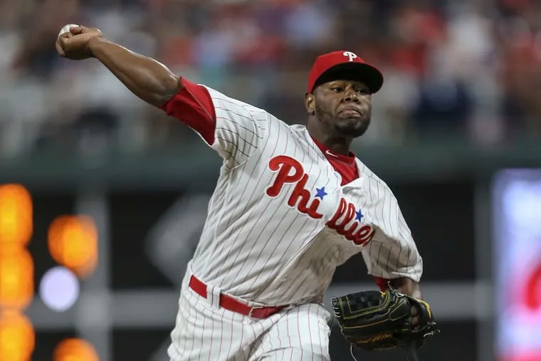 Phillies' pitcher Hector Neris throws against the Yankees during the 7th inning at Citizens Bank Park in Philadelphia, Monday, June 25, 2018. Yankees beat the Phillies 4-2.