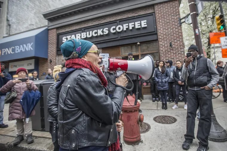 A protest outside the Starbucks at 18th and Spruce on Sunday.