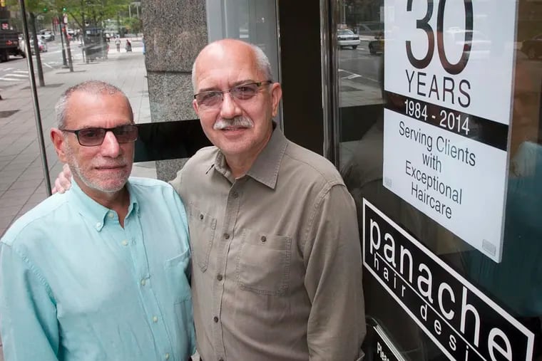 Frank Altomare (left) and John Toner owners of Panache a hair salon at 20th and JFK in center city Philadelphia. They will be celebrating 30 years in business. Photograph taken at salon on Thursday morning August 21, 2014. ( ALEJANDRO A. ALVAREZ / STAFF PHOTOGRAPHER )