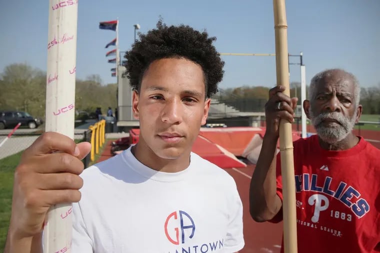 Joseph Johnson is believed to be the city’s first black pole vaulting champion. Decades after he competed at Franklin Field, his grandson Caleb (left) is carrying on the family legacy. He set a school record in the pole vault at the Penn Relays and is entertaining college offers.