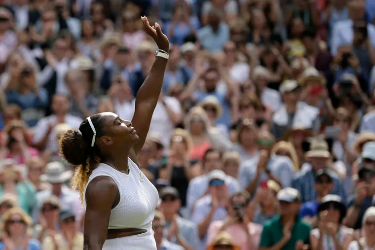 United States' Serena Williams celebrates defeating the Czech Republic's Barbora Strycova in the women's singles semifinals at Wimbledon.