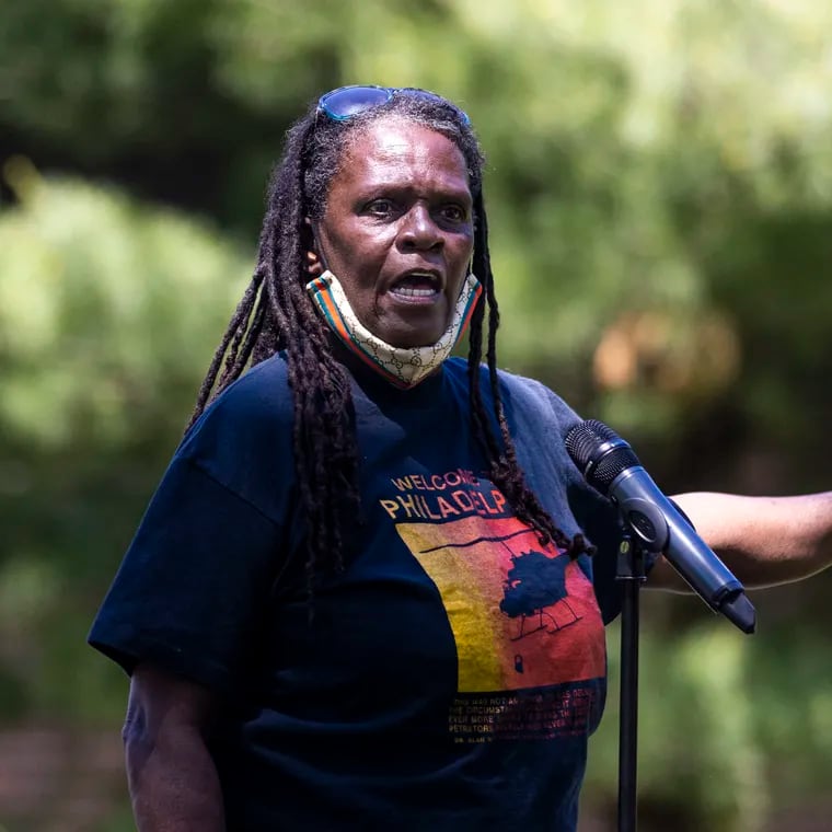Consuewella Africa, 69, lost two daughters, Katricia, 13, and Vanetta, 11, in the MOVE bombing on May 13, 1985. She addressed supporters Saturday at Cobbs Creek Park during an observation of the 36th anniversary of the bombing that killed 11 people, including five children.