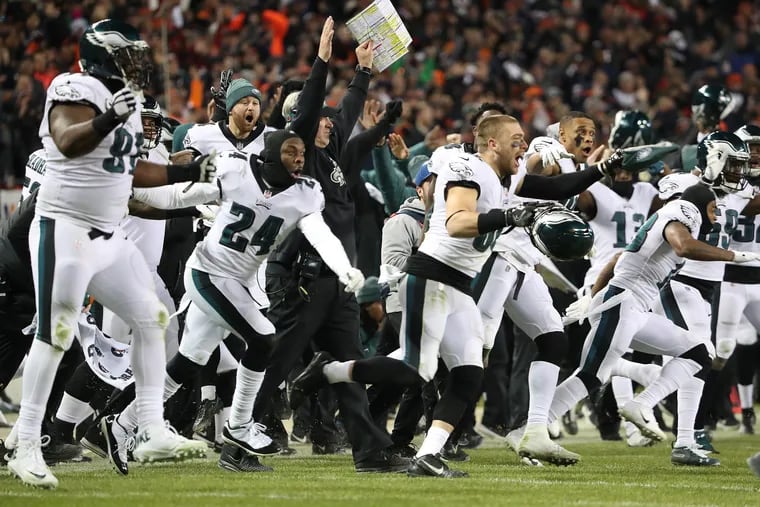 The Eagles bench celebrates after Bears kicker Cody Parkey misses a field goal with seconds remaining.
