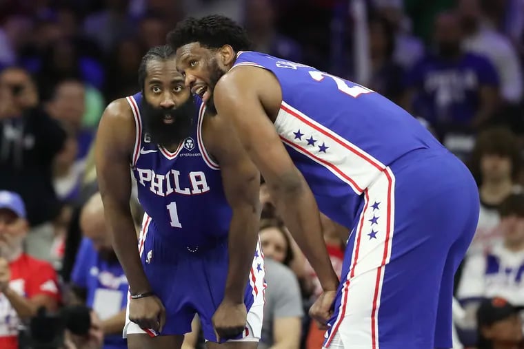 Sixers center Joel Embiid with teammate guard James Harden against the Boston Celtics during Game 4 of the Eastern Conference semifinal playoffs on Sunday, May 7, 2023 in Philadelphia.