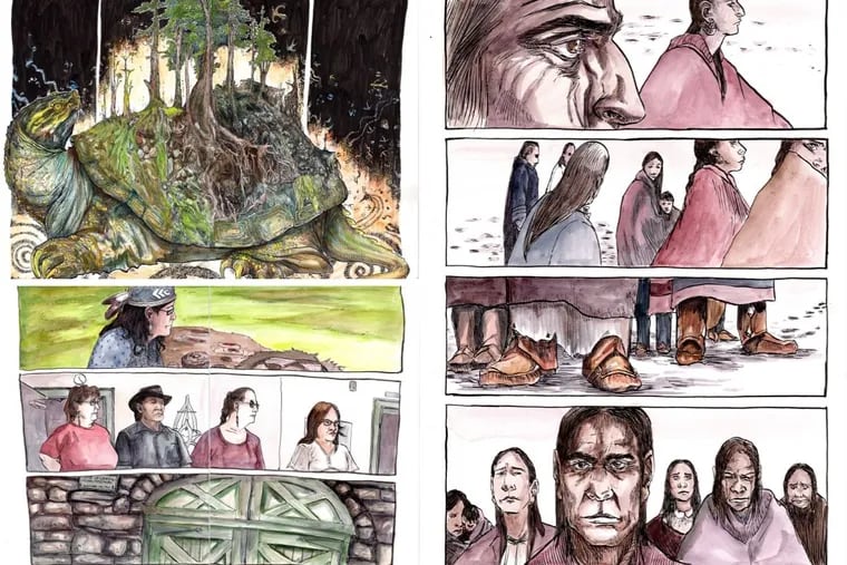 Art from "Ghost River: The Fall and Rise of the Conestoga," a graphic novel written by Lee Francis and illustrated by Weshoyot Alvitre to chronicles the last days of the Conestoga people, massacred in Lancaster in 1763. The Library Company of Philadelphia is hosting an exhibition based on the graphic novel from Nov. 11, 2019 to April 10, 2020.