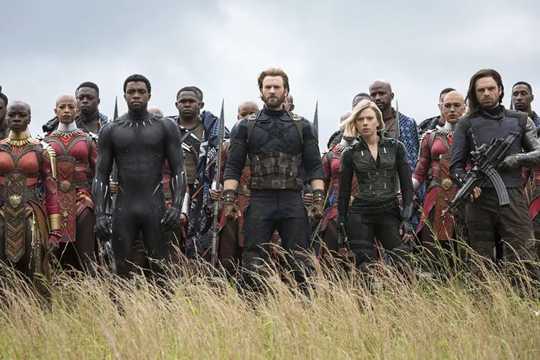Chris Evans, Scarlett Johansson, Chadwick Boseman, Sebastian Stan, Danai Gurira, Marie Mouroum, and Winston Duke in &quot;Avengers: Infinity War.&quot;