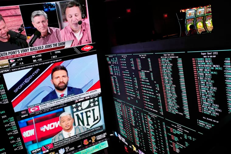 Betting odds for the Super Bowl are displayed on monitors at the Circa resort and casino sportsbook in Las Vegas on Feb. 3.