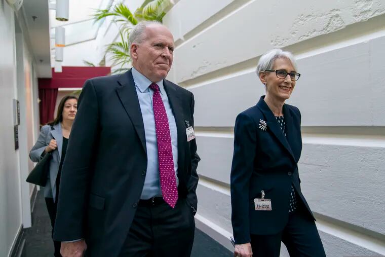 Former CIA Director John Brennan and Wendy Sherman, a former State Department official and top negotiator of the Iran nuclear deal, arrive to meet with Speaker of the House Nancy Pelosi (D., Calif.) about the situation in Iran, at the Capitol in Washington, Tuesday, May 21, 2019.