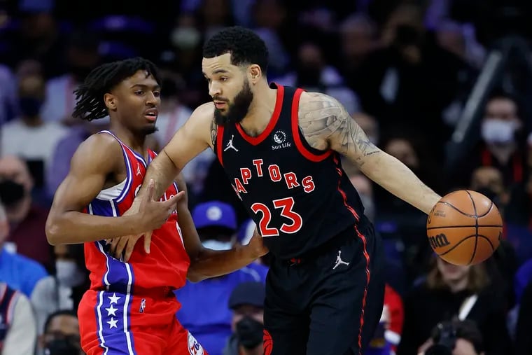 Sixers guard Tyrese Maxey defends Toronto Raptors guard Fred VanVleet in a playoff game on April 18, 2022.
