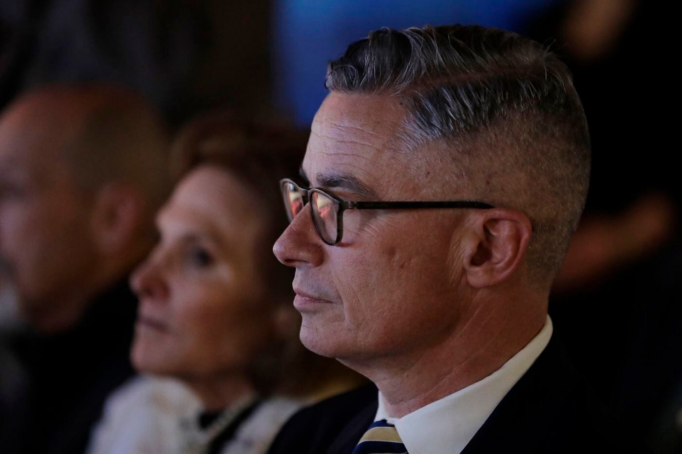 Former New Jersey Gov. Jim McGreevey looks on before the start of a Democratic gubernatorial primary debate in May. JULIO CORTEZ / AP