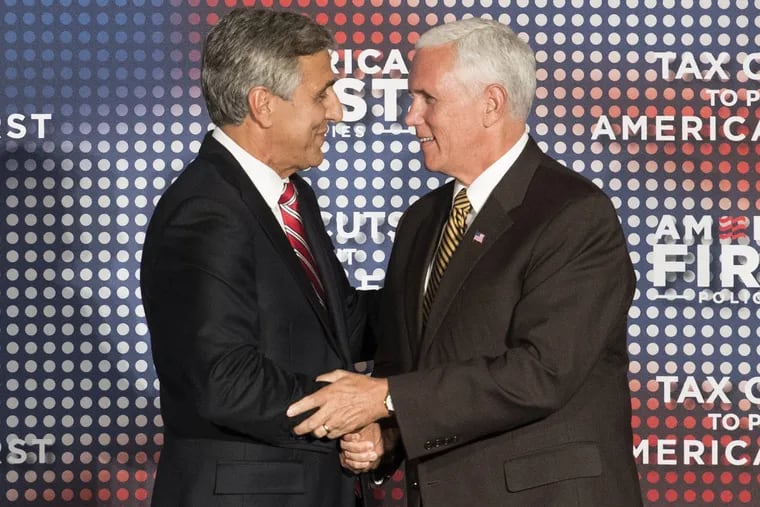 Republican U.S. Senate candidate Rep. Lou Barletta, R-Pa., left, greets Vice President Mike Pence at an America First Policies event in Philadelphia, Monday, July 23, 2018.