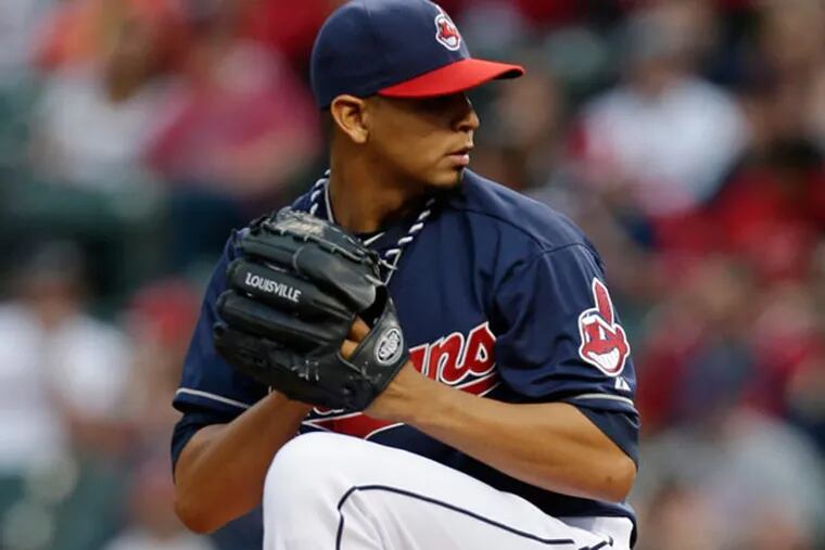 Cleveland Indians starting pitcher Carlos Carrasco pitches in the first inning of a baseball game against the New York Yankees, Tuesday, April 9, 2013, in Cleveland. (Tony Dejak/AP)