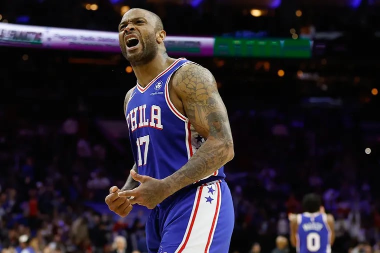 Sixers forward P.J. Tucker yells during the third quarter against the Brooklyn Nets in Game 2 of the first round Eastern Conference playoffs on Monday, April 17, 2023 in Philadelphia.