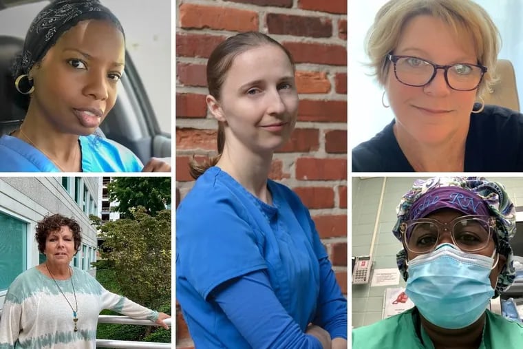 Nurses from around the Philadelphia region share stories from the front lines of the pandemic — and a major staffing shortage. Clockwise from top left: Carla Le’coin, Claire Swanson, Peg Lawson, Leslie Heywood, and Marci Keating.