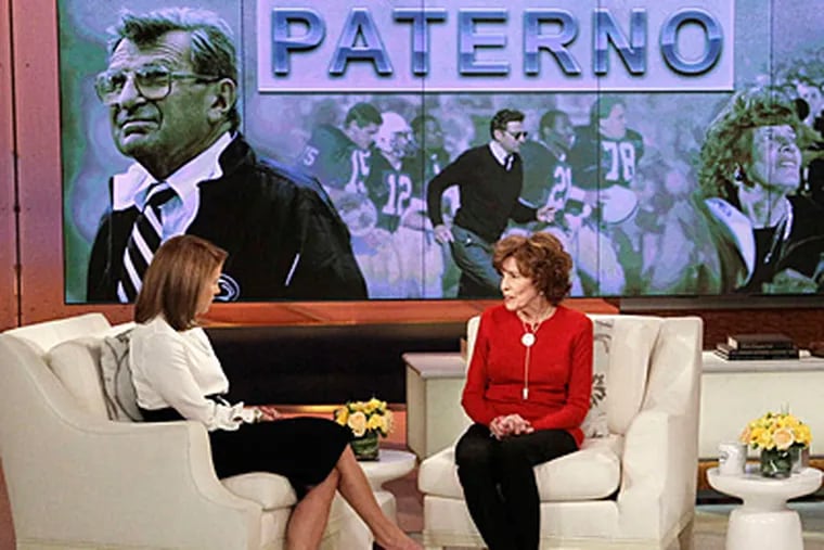 Sue Paterno, widow of Penn State coach Joe Paterno , with Katie Couric during an interview set to air Monday as part of the family's effort to restore the coach's reputation. LOU ROCCO / Disney-ABC