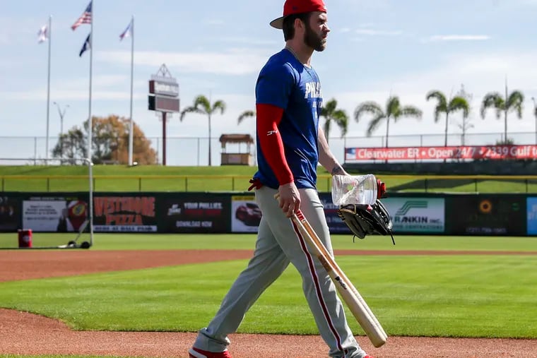 Phillies outfielder Bryce Harper walks to the batting cages during workouts on Sunday, March 3, 2019 at Spectrum Field in Clearwater, FL.