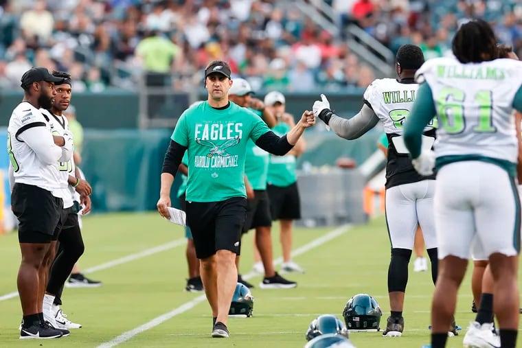 Eagles Head Coach Nick Sirianni greets players during training camp at Lincoln Financial Field on Sunday, August 8, 2021.