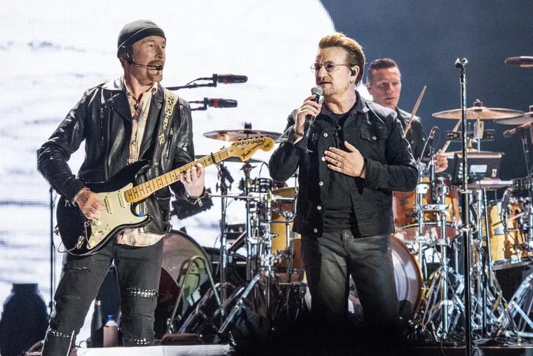 The Edge, left, and Bono of U2 perform at the Bonnaroo Music and Arts Festival on Friday, June 9, 2017, in Manchester, Tenn.