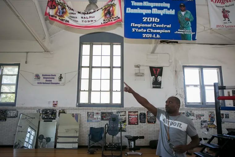 Kingsessing boxing coach Larry McNeill shows peeling paint, water damage, and more in the boxing gym on the afternoon of Thursday, July 19, 2018. Kingsessing Recreative Center will receive much-needed improvements through Rebuild. MAGGIE LOESCH / Staff Photographer