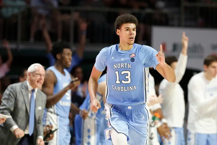 North Carolina guard Cameron Johnson gestures after scoring during the second half of an NCAA college basketball game against Miami on Jan. 19.