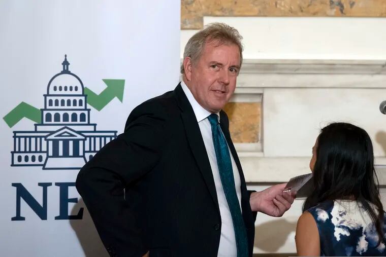 In this Friday, Oct. 20, 2017 photo, British Ambassador Kim Darroch hosts a National Economists Club event at the British Embassy in Washington. Leaked diplomatic cables published Sunday, July 7,2 019, in a British newspaper reveal that Britain's ambassador to the United States described President Donald Trump's administration as "clumsy and inept" while grappling with international problems.