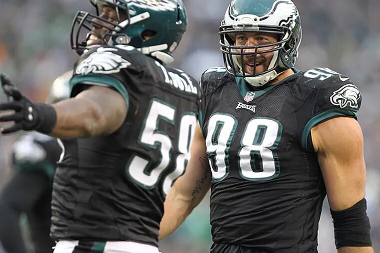 Eagles defensive end Trent Cole (left) and linebacker Connor Barwin (right). (David Maialetti/Staff Photographer)
