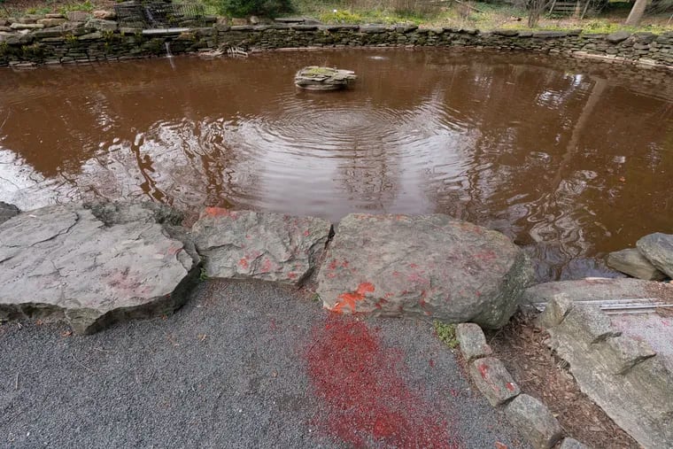 The Penn Bio Pond at James Kaskey Memorial Park, Wednesday, March 22, 2023. Vandals dyed the Penn Bio Pond red over the weekend.