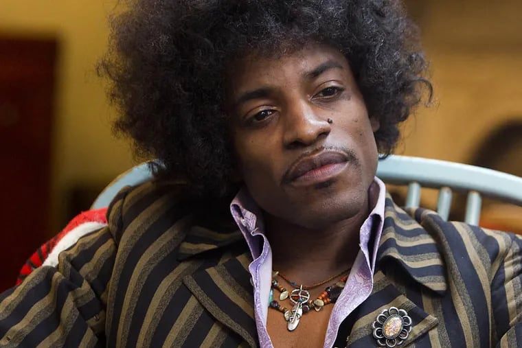 In this image released by XLrator Media, Andre Benjamin portrays Jimi Hendrix in the film "Jimi: All Is By My Side." “All Is By My Side,” which opens in theaters Friday, eschews the usual cradle-to-the-grave biopic trajectory, focusing instead on Hendrix’s discovery by Linda Keith, his formation of The Experience and his breakthrough in a town dominated by the Beatles and Eric Clapton. (AP Photo/XLrator Media, Patrick Redmond)