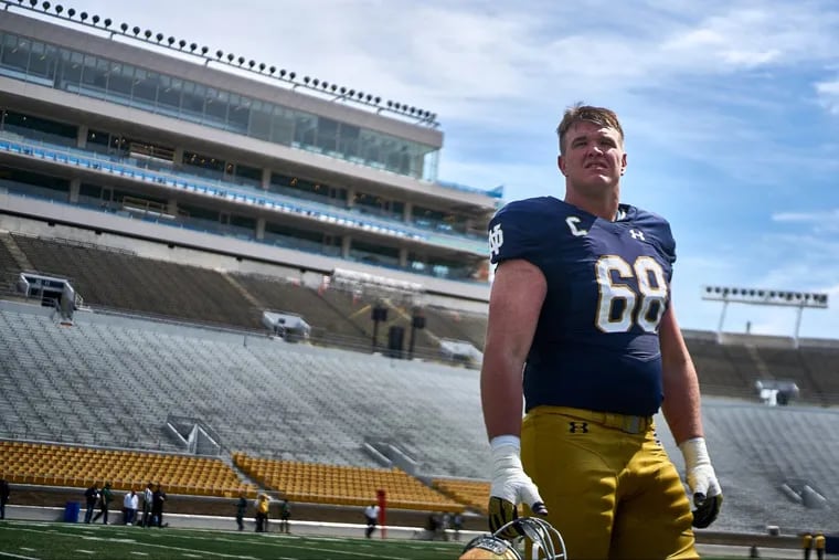 Fighting Irish offensive lineman and Penn Charter grad Mike McGlinchey looks on during the Notre Dame Fighting Irish Blue-Gold Spring Game on April 22, 2017, at Notre Dame Stadium in South Bend, IN.