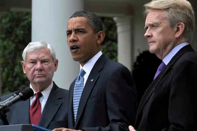 President Obama speaks at the White House, joined by the cochairs of the panel he named to probe the oil spill, former Florida Sen. Bob Graham (left) and former EPA Administrator William K. Reilly.