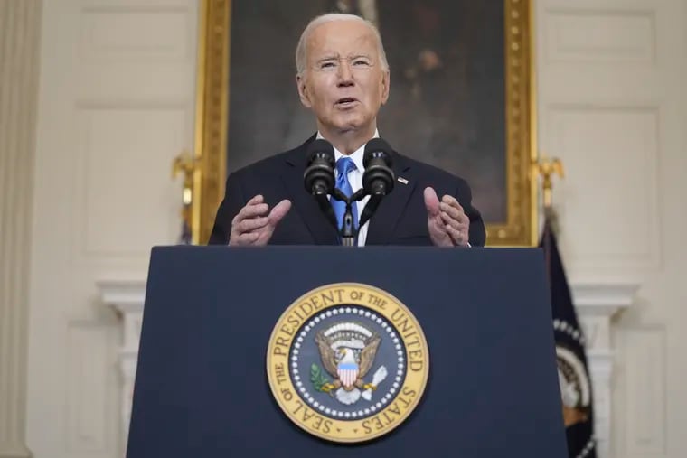 President Joe Biden speaks about a $95 billion aid package that would help Ukraine in their war against Russia, in the State Dining Room of the White House in February in Washington.