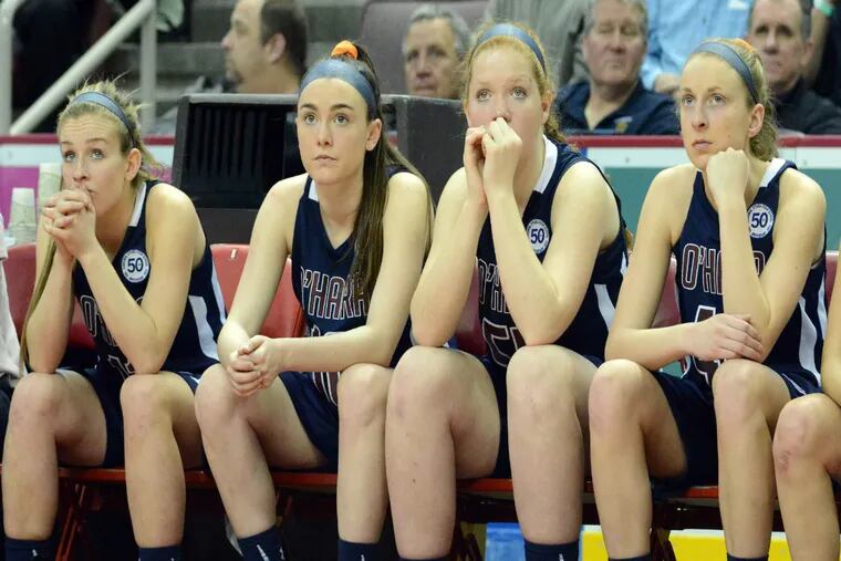 From left, Cardinal O'Hara's Lauren Leicht, Bridgette Hoy, Kristen Denoncour and Maura Hendrixson sit on the bench in the last seconds of the fourth quarter as they lose to Cumberland Valley in the girls basketball PIAA Class AAAA state championship game on Friday March 18, 2016 at the Giant Center in Hershey, Pennsylvania. Cumberland Valley defeated Cardinal O'Hara to win the PIAA Class AAAA state championship.