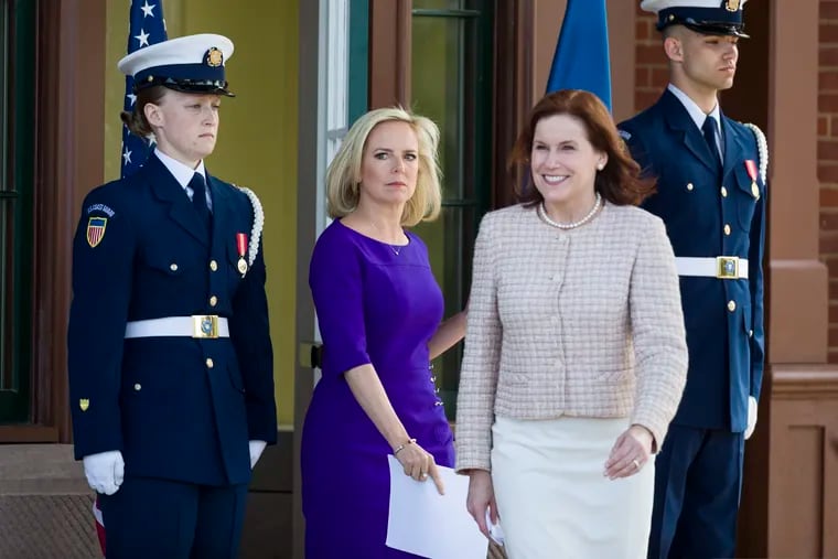 Outgoing Homeland Security Secretary Kirstjen Nielsen, left, and outgoing acting deputy secretary Claire Grady, arrive for the dedication ceremony at the Homeland Security headquarters Center Building at the old St. Elizabeths Hospital, Wednesday, April 10, 2019, in Washington.