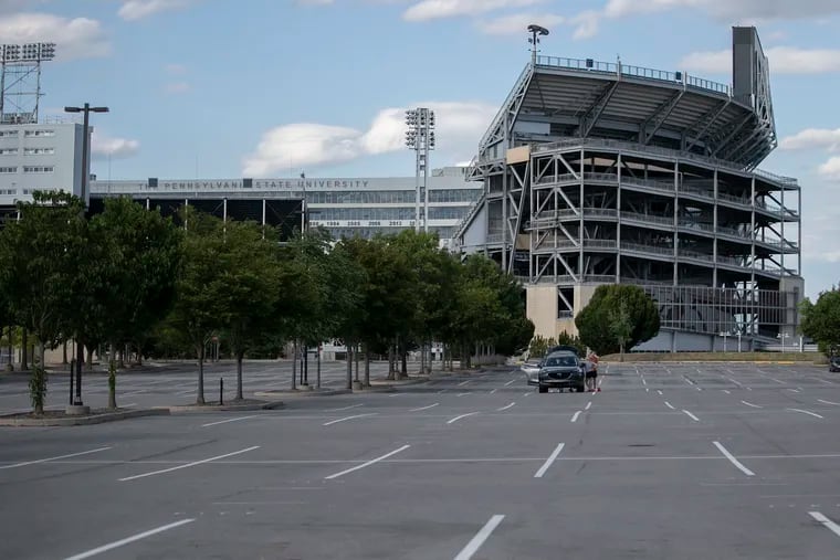 An empty parking lot at a closed Beaver Stadium.