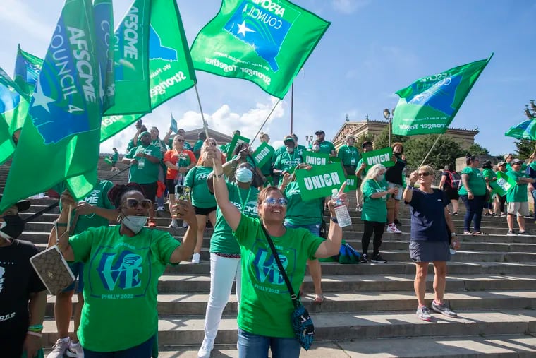 Staffers at the Philadelphia Musuem of Art have gone 22 months without a contract. AFSCME members from around the country, in Philadelphia for their convention, came to help rally on behalf of the workers on the steps of the Philadelphia Museum of Art on July 13, 2022.