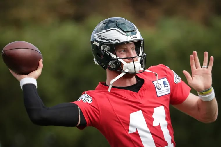 Eagles quarterback Carson Wentz hasn't thrown an interception in 126 attempts. He needs to keep that streak going Sunday when the Eagles face the Vikings at U.S. Bank Stadium.
