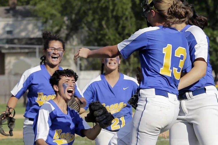 Buena pictcher Natalie Ampole celebrates with teammates after they won the Buena at Audubon H.S. South Jersey Group 1 girls softball championship game on May 31, 2017. Buena shut out Audubon 3-0.