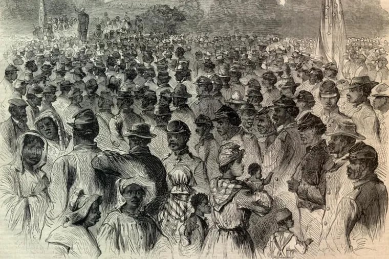 An illustration for Harper’s Weekly on November 14, 1863 of black troops and escaped slaves listening to a speech by Adjutant-General Thomas in Louisiana.