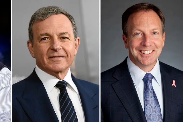 This photo combination shows four of the highest-paid CEOs at big U.S. companies for 2018, as calculated by the Associated Press and Equilar, an executive data firm. From left: David Zaslav, Discovery, $129.5 million; Robert Iger, Walt Disney, $65.6 million; Stephen MacMillan, Hologic, $42 million; and Joseph Hogan, Align Technology, $41.8 million. The third-highest paid CEO, Richard Handler of Jefferies Financial Group, is not pictured. Handler made $44.7 million. (AP Photo)