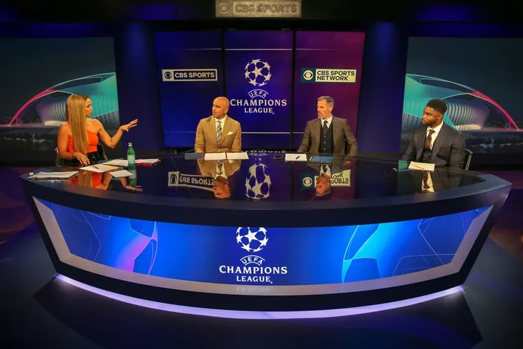 The CBS Sports UEFA Champions League studio crew, left to right, host Kate Abdo and analysts Roberto Martinez, Jamie Carragher, and Micah Richards.