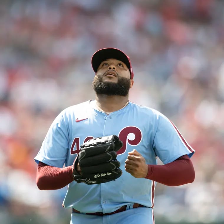 The sky's the limit? Jose Alvarado looks to the heavens after completing an inning during Thursday's Phillies win.