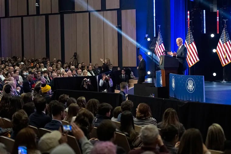 President Joe Biden speaks at the podium at the Montgomery County College in Blue Bell, Pa., Friday, Jan. 5, 2024.