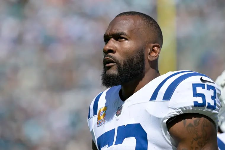 Indianapolis Colts linebacker Shaquille Leonard (53) watches from the sideline during the first half of an NFL football game against the Jacksonville Jaguars, Sunday, Oct. 15, 2023, in Jacksonville, Fla.