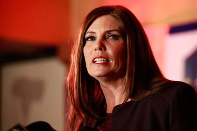 Kathleen Kane makes her acceptance speech on Nov. 6, 2012, at the Radisson Lackawanna Station Hotel in Scranton. She will be the first woman and first Democrat that Pennsylvania has ever elected as attorney general. DAVID SWANSON / Staff Photographer