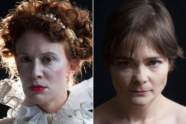 (L) Krista Apple-Hodge plays Queen Elizabeth I with shades of delicacy and finesse. (R) Charlotte Northeast portrays Mary, Queen of Scots with a fearful and steely eloquence.