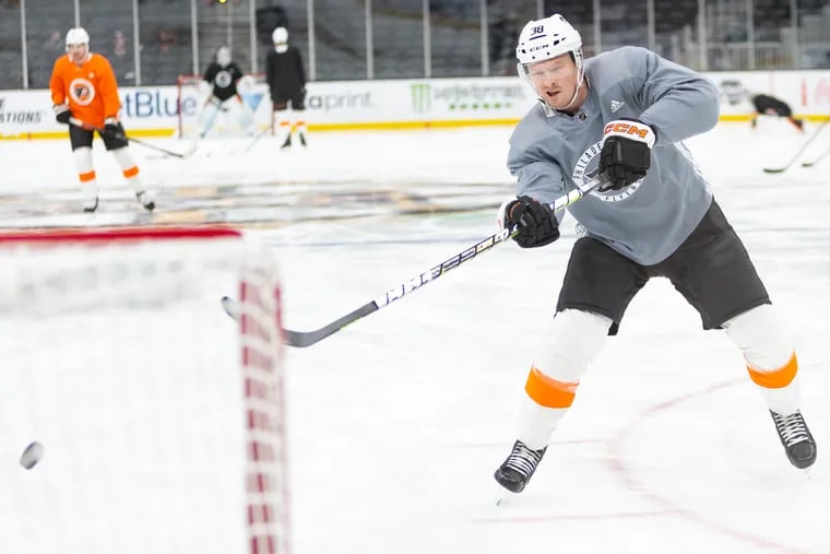 Patrick Brown warms up during the Flyers' morning skate on Tuesday before the game against the Boston Bruins.